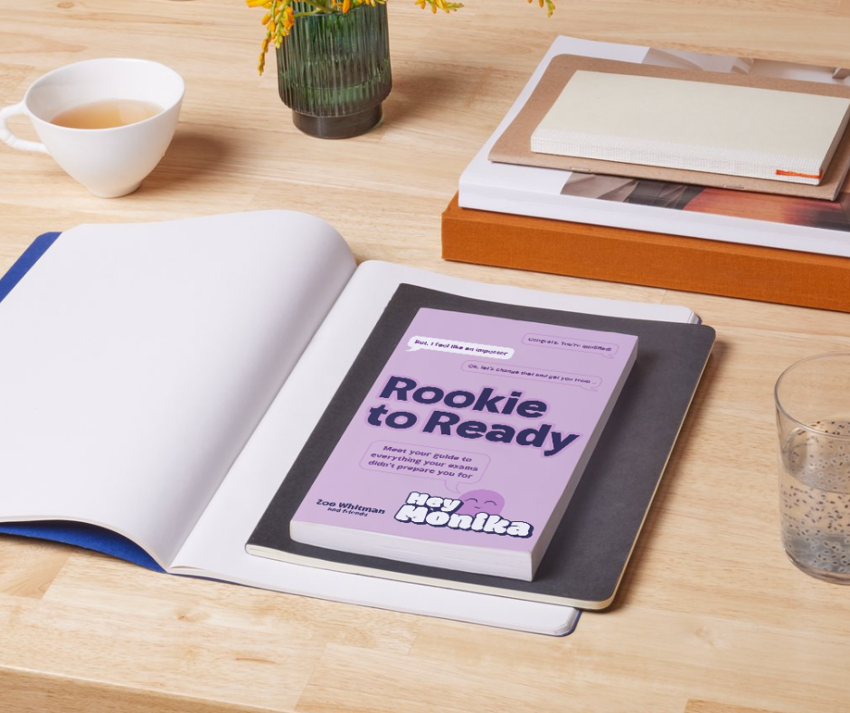 The Rookie to Ready book open on a desk beside a notebook and a cup of tea