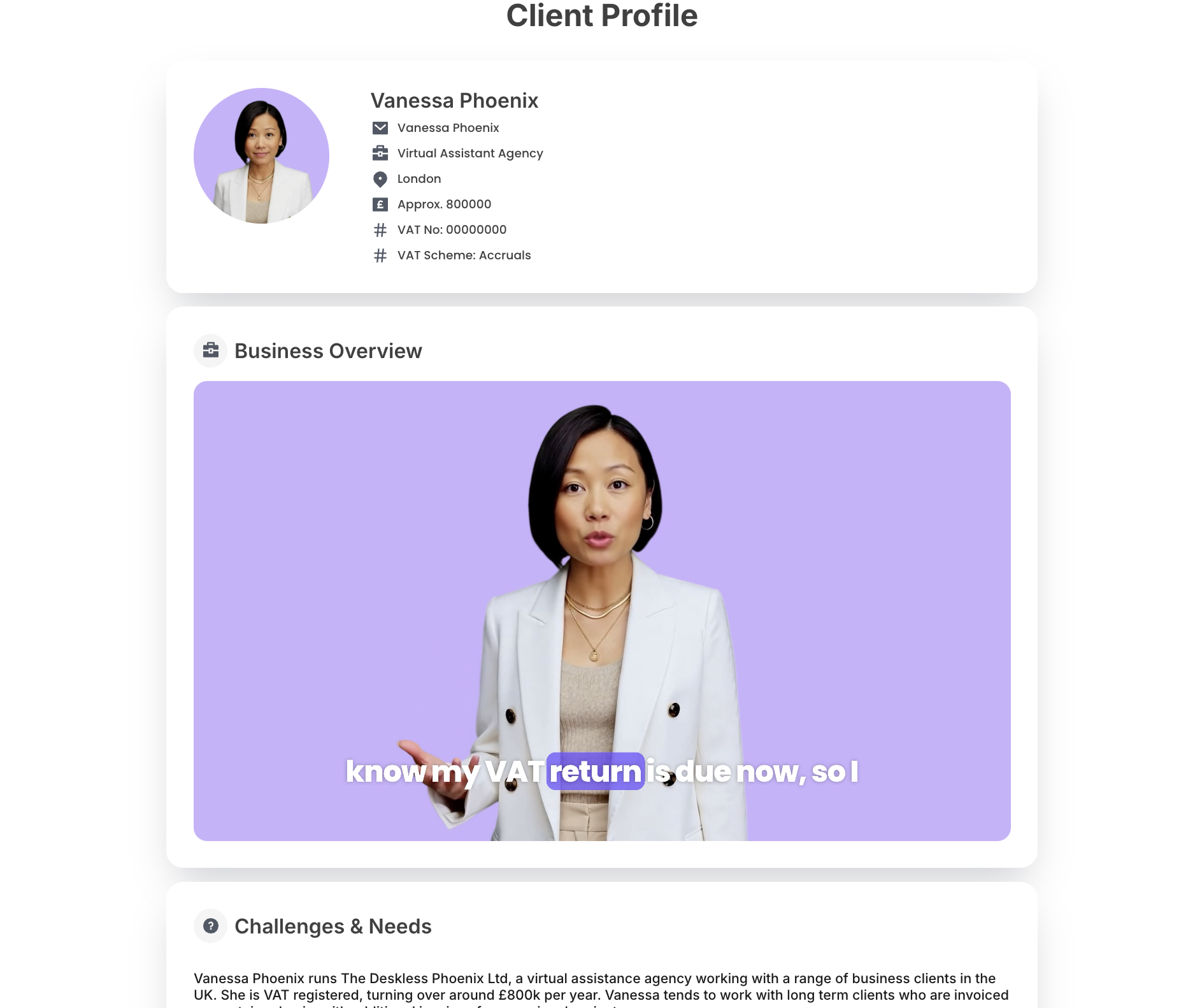 Hey Monika trainee training platform — client profile showing Vanessa Phoenix, a virtual assistant agency owner, with business details and a video overview