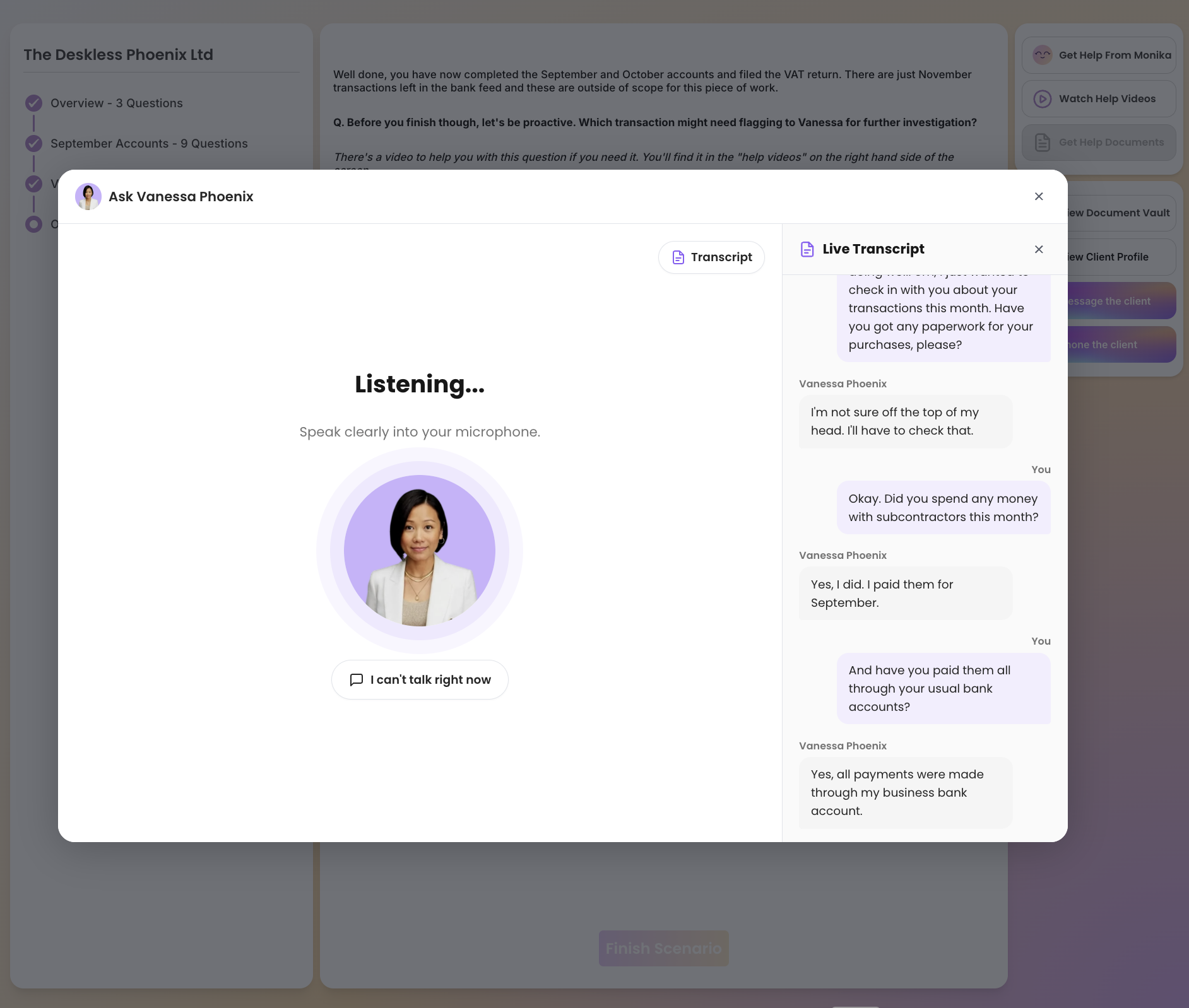 Hey Monika trainee training platform — live voice call with AI client Vanessa Phoenix showing real-time transcript during a bookkeeping scenario